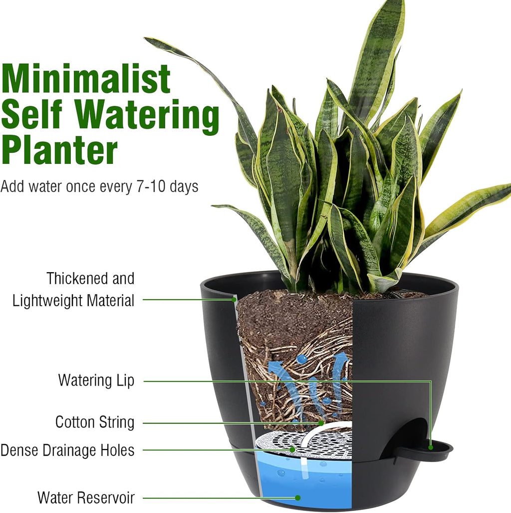 UOUZ Large Self Watering Pots, 12/10/9 Plastic Planters with High Drainage Holes and Deep Reservoir for Indoor Outdoor