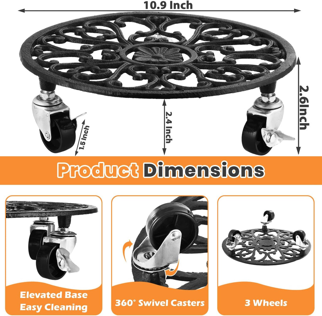 Rolling Plant Stand with Wheels Heavy Duty, 11 Inch Cast Iron Rolling Plant Caddy with Wheels Plants Rollers on Wheel