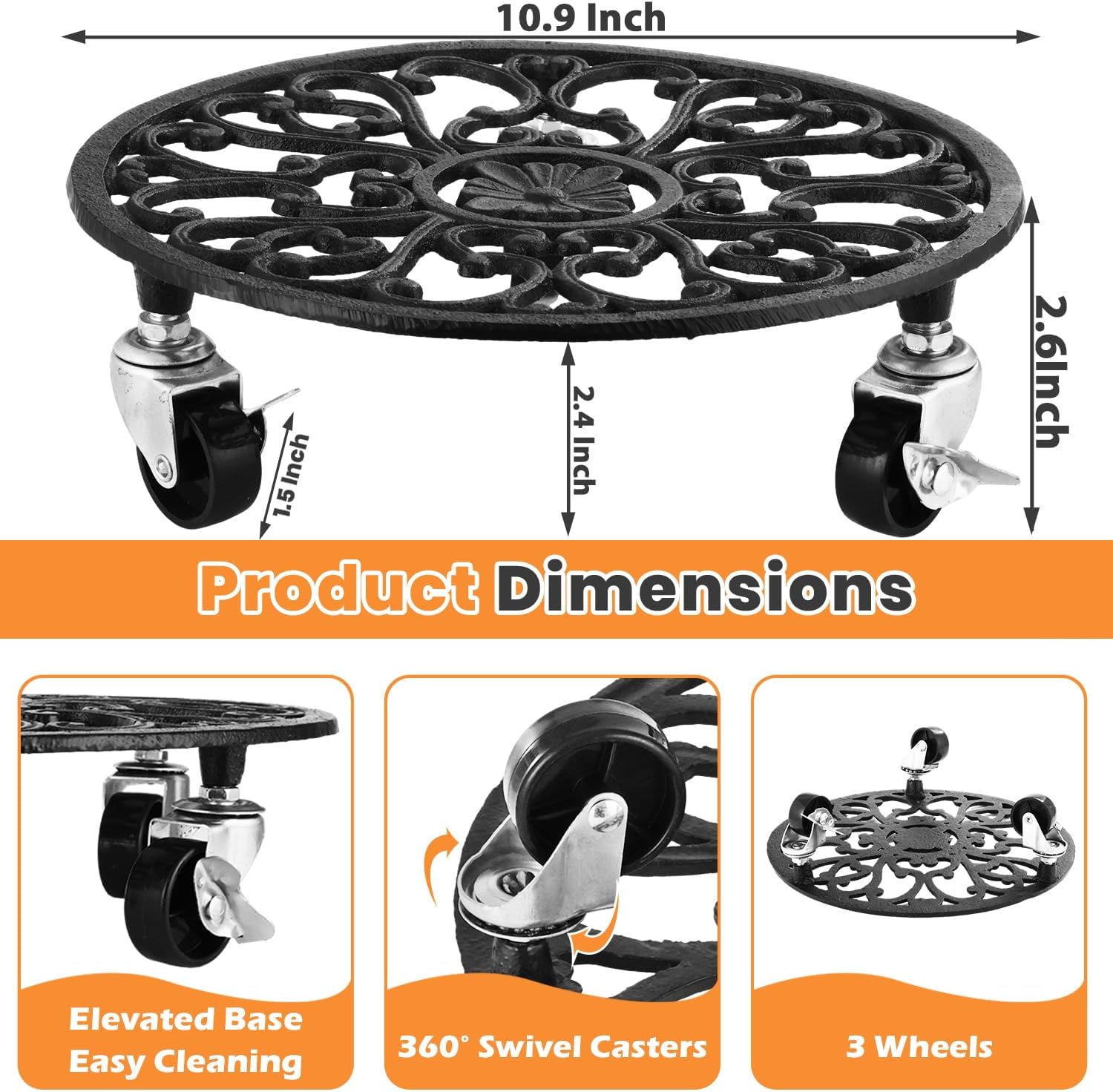 Rolling Plant Stand with Wheels Heavy Duty, 11 Inch Cast Iron Rolling Plant Caddy with Wheels Plants Rollers on Wheel
