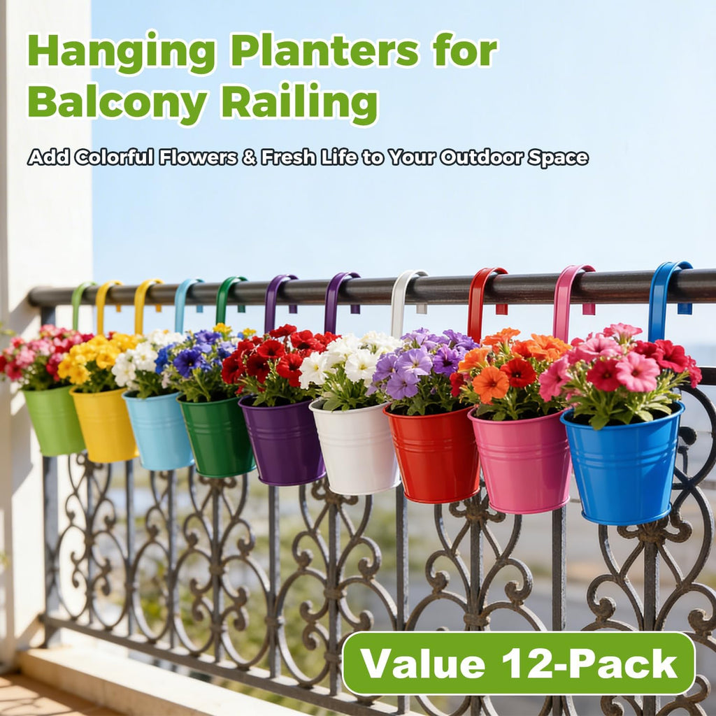 12 Pack Balcony Planters Railing Hanging, Colorful Railing Planter 6.4 Inch Plant Pots with Drainage Holes Hanging