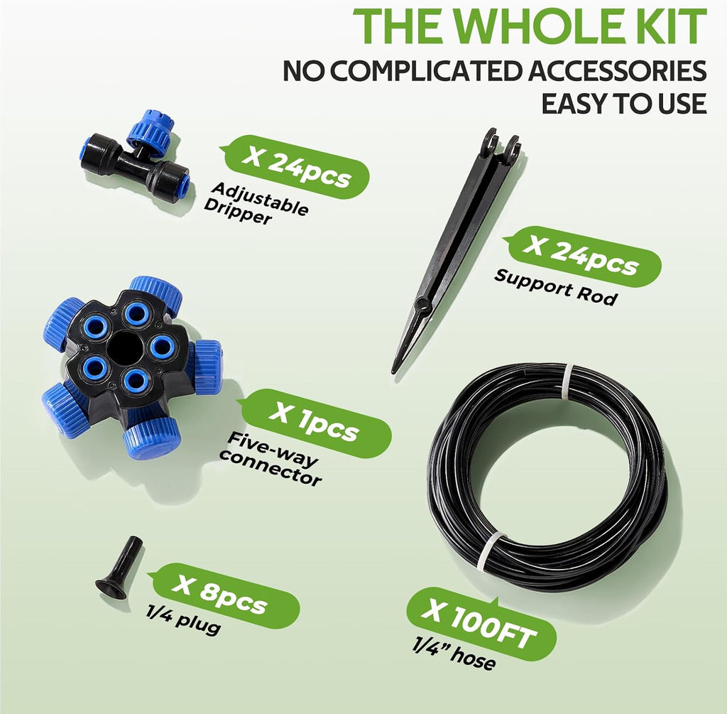 HIRALIY 100FT Drip Irrigation Kit for Raised Beds & Gardens | Garden watering system with a 5-way splitter and
