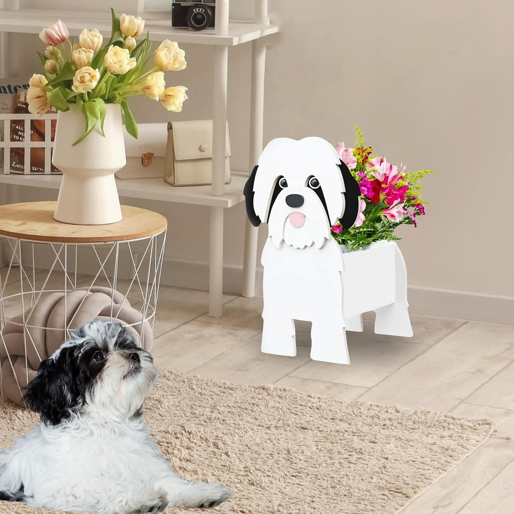 Black and White Shih Tzu Dog Planter, Animal Shaped Flower Pot | Cute Plant Gift for Women and Pet Lovers, Indoor