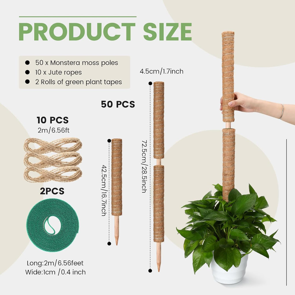 Yinder 50 Pcs Moss Pole for Plants Monstera Plant Support 16.5 Inch Coir Poles Bendable Monstera Plant Support with 10
