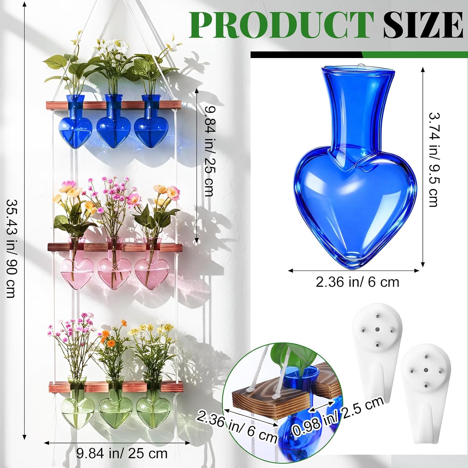 Leinuosen Wall Hanging Plant Propagation Stations Mother Gifts for Her Plant Lovers 3 Tiered 9 Heart Shaped Glass Vases