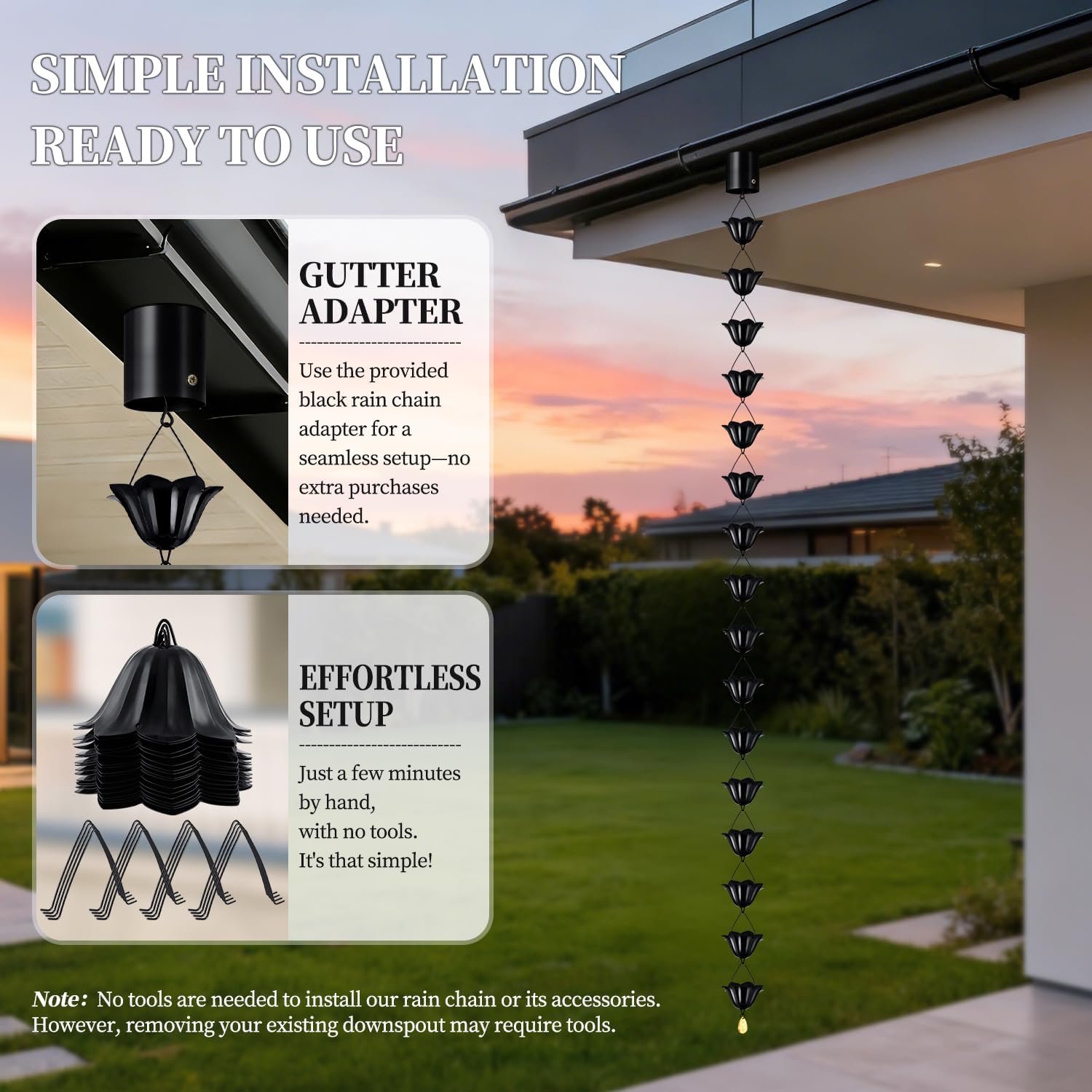 Rain Chains for Gutters Outside Black with Adapter 8.5FT 16 Cups | Rain Catcher Chain for Heavy Rain,Rust