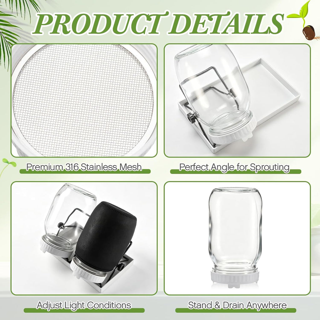 LemonRoad 9 Pcs Seed Sprouting Kit with 1000 ml Mason Jars and Blackout Sleeve, Separate Bracket 316 Stainless Steel