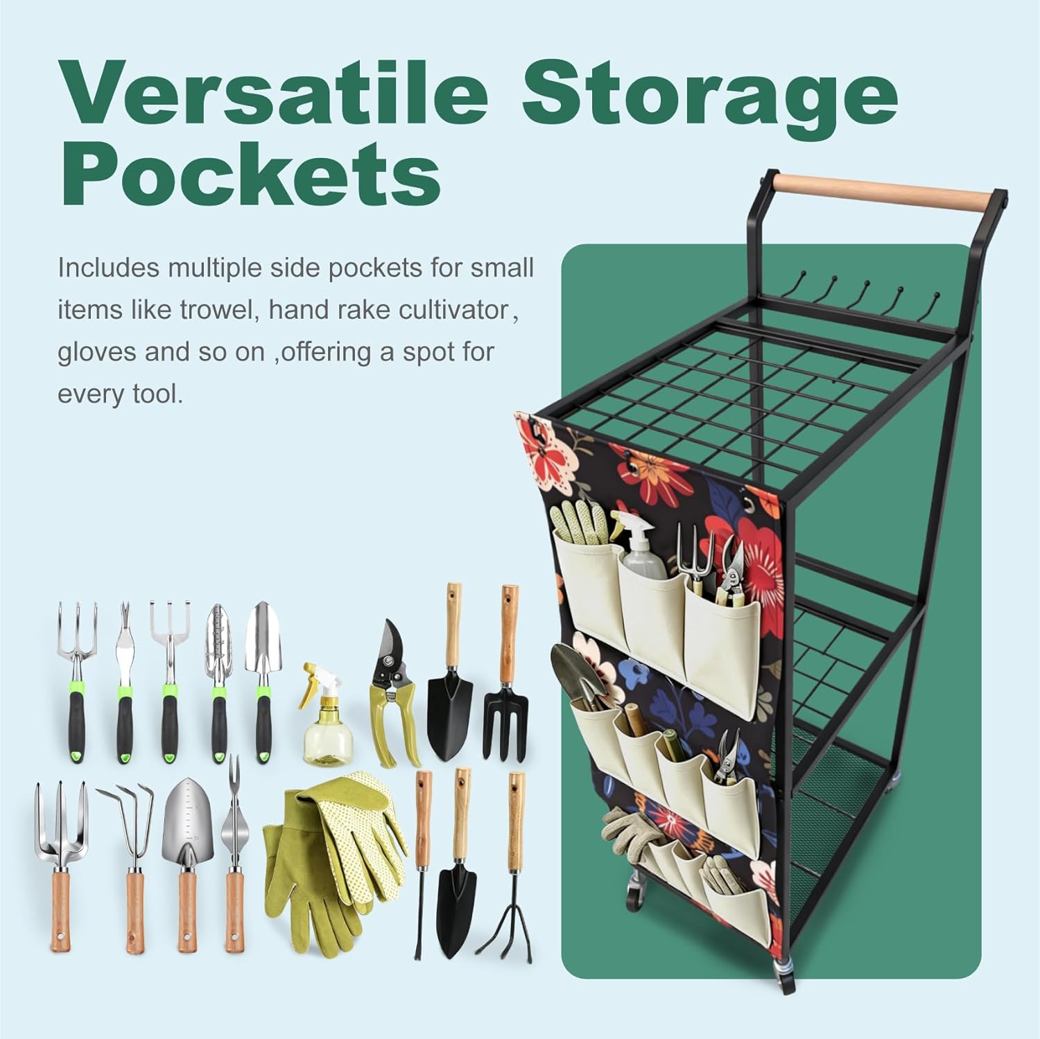 Garden Tool Organizer with Wheels 3 Tier Yard Tool Organizer Rack with Side Storage Pockets Sturdy Metal Steel Holder