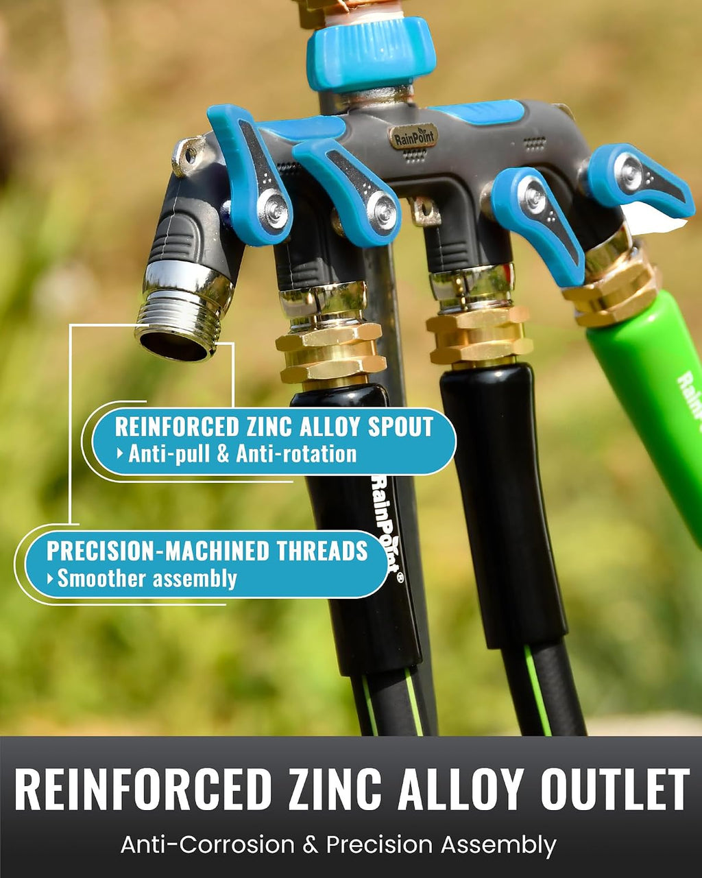 RAINPOINT 4 Way Garden Hose Splitter, 100% Metal Heavy Duty Water Hose Splitter with Individual Shut-Off Valves, 3/4"