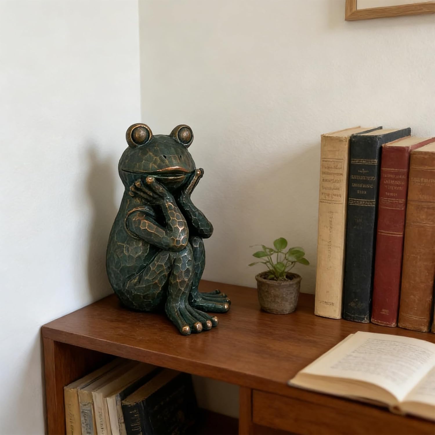 10" H Meditation Frog Lawn & Garden Statue, Verdigris Green | Handcrafted hand-painted details Weatherproof resin