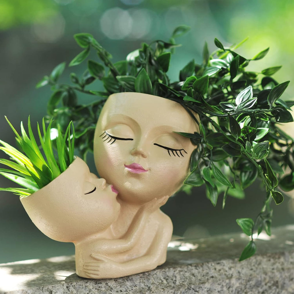 Head Planter Mother and Child Cute Face Planter Pots Head Resin Flower Pots for Indoor Plants with Drainage