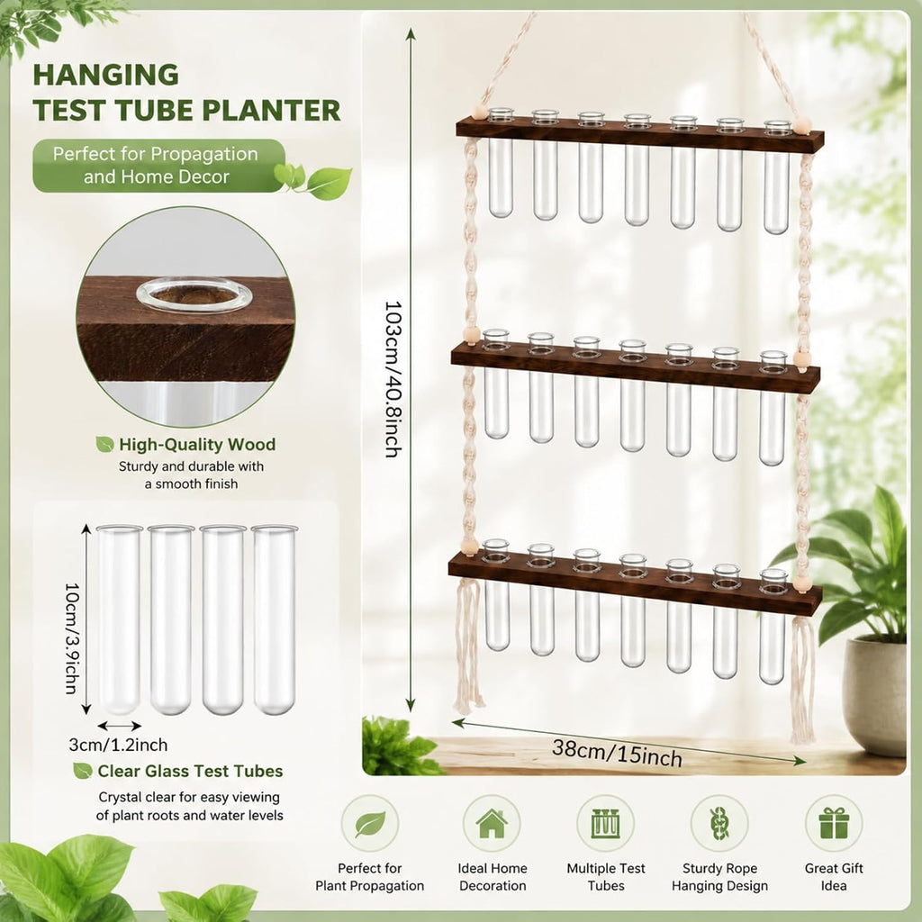 Hushee 3 Tiered Macrame Plant Propagation Station Wall Hanging with Wooden Stand and 21 Tubes, Planters Wall Hanging
