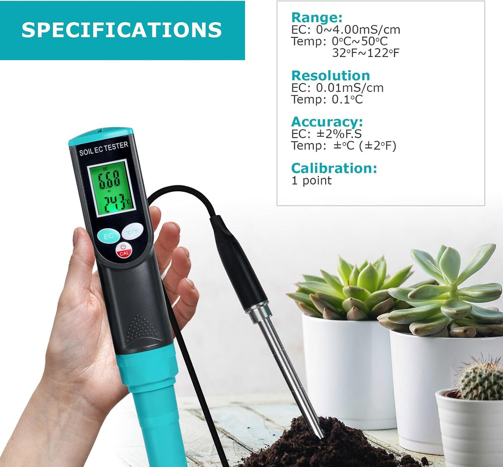 Digital Soil EC Meter 2-in-1 Porfessional Plants EC Temperature Tester Meter with Corded Sensor, Backlight LCD Display