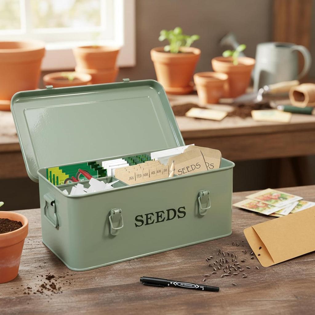 Seed Storage Organizer,Metal Seed Saving Box with Lid and Safety Locks, 4 Compartment Seeds Saver Kit with 2 Pens,20