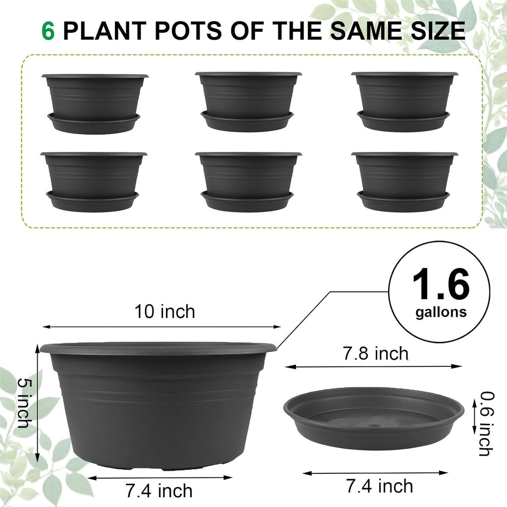 6 Pack 10 inch Plant Pot, Round Plastic Plant Pots with Drainage Holes | Outdoor Pots for Plants with Tray Saucer