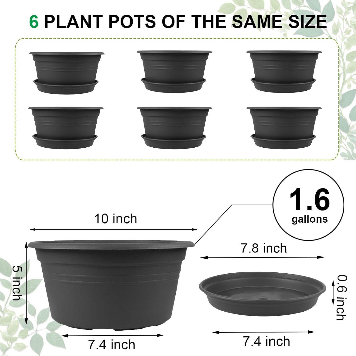 6 Pack 10 inch Plant Pot, Round Plastic Plant Pots with Drainage Holes | Outdoor Pots for Plants with Tray Saucer