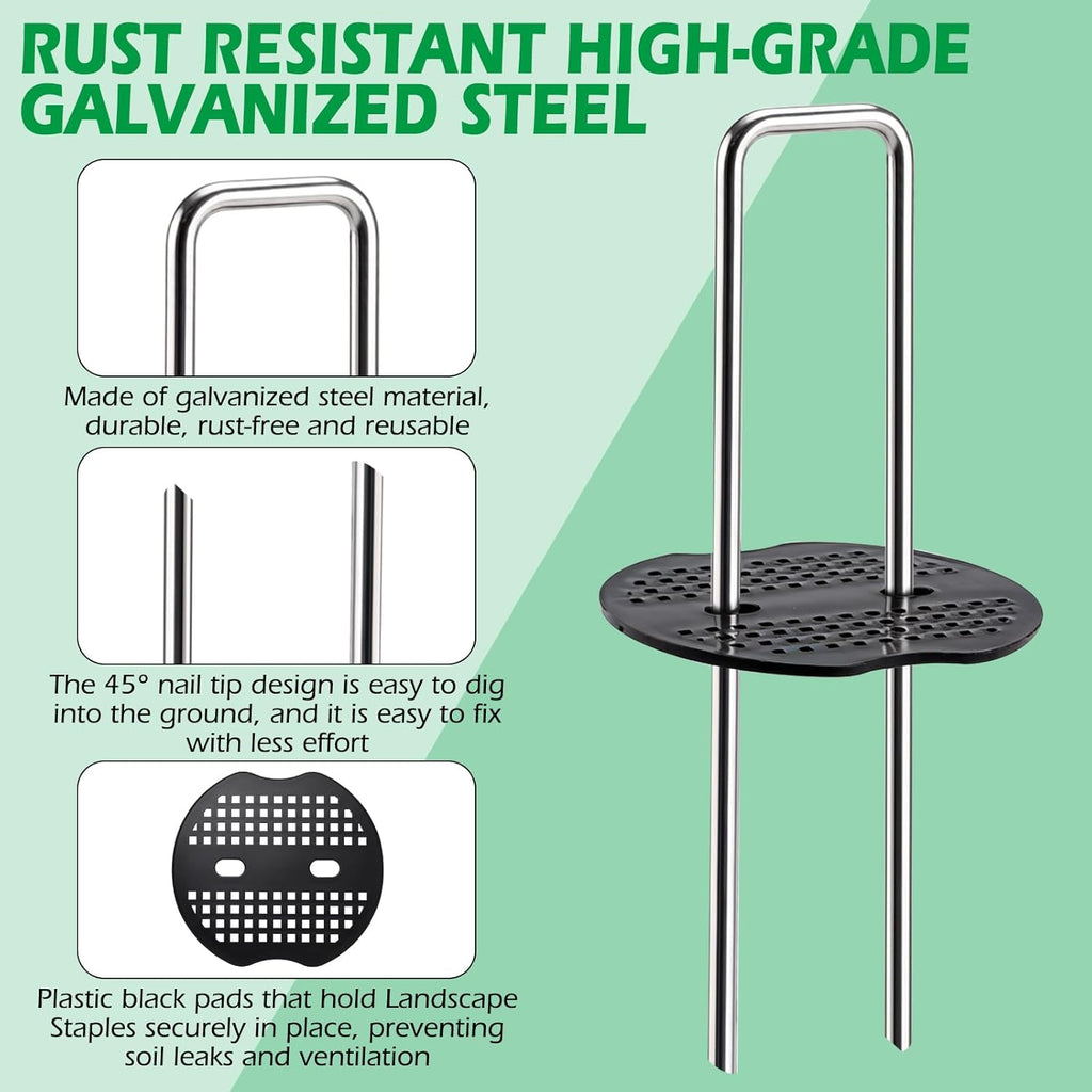 200 Pack Landscape Staples and 200 Pack Gaskets, 11 Gauge 6in Galvanized Steel Garden Staples with Black Pad for