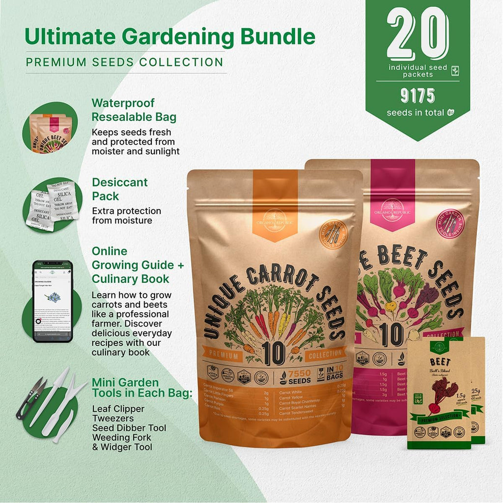 10 Carrot & 10 Beet Seeds Variety Pack Bundle, 9,175+ Non-GMO Heirloom Garden Seeds for Planting Root Vegetables for
