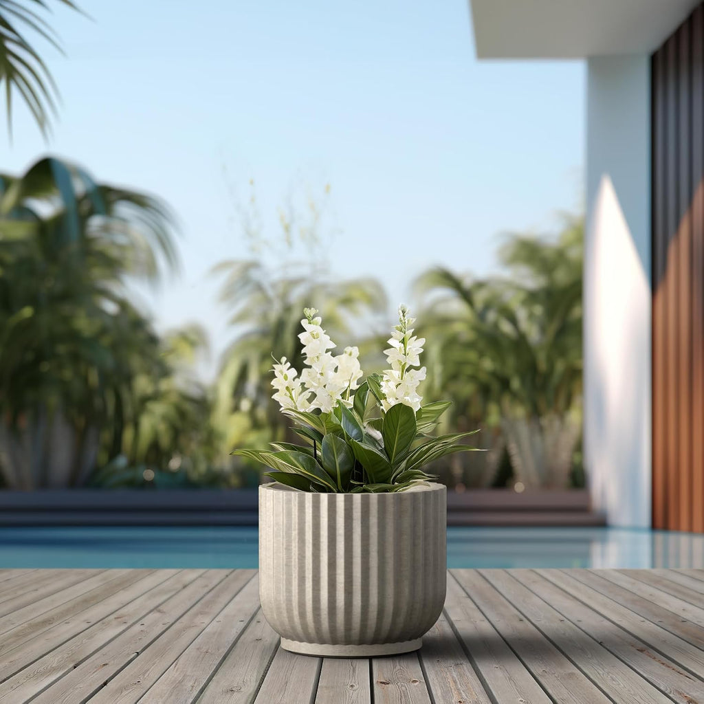 Kante Accent Round Pedestal Weathered Concrete Planter 14" Dia, Outdoor | Fluted, Rubber Plug for Indoor, Drainage for