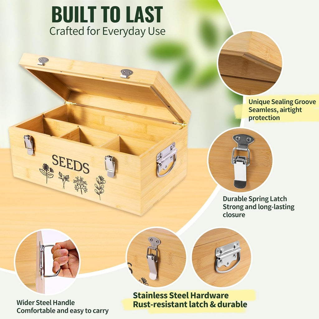 Large Bamboo Wood Seed Storage Organizer Box with Lid,Double-Layer Seal Design Seed Saving Box with 304 Stainless Steel