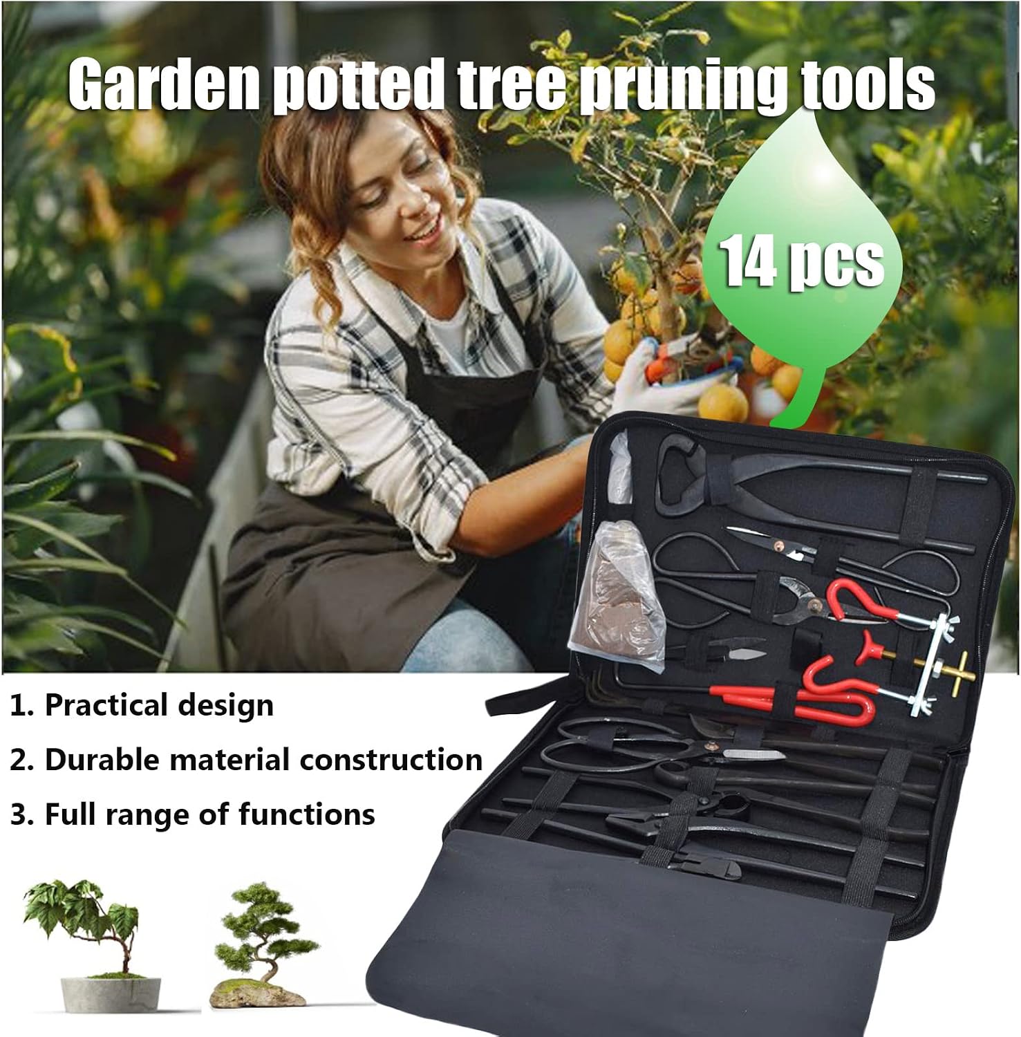 RoseFlower 14 Pcs Bonsai Tools Set, Bonsai Tree Pruning Trimming Tool Kit - Bonsai Tree Care Kit Include Carbon Steel