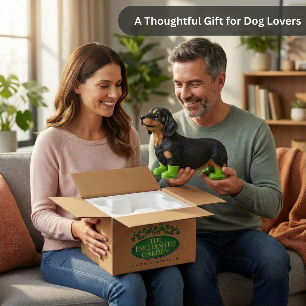 Dachshund Garden Statue in Boots – 10" Cute Wiener Dog Ornament for Yard Decor & Garden Art – Resin Sausage Figurine