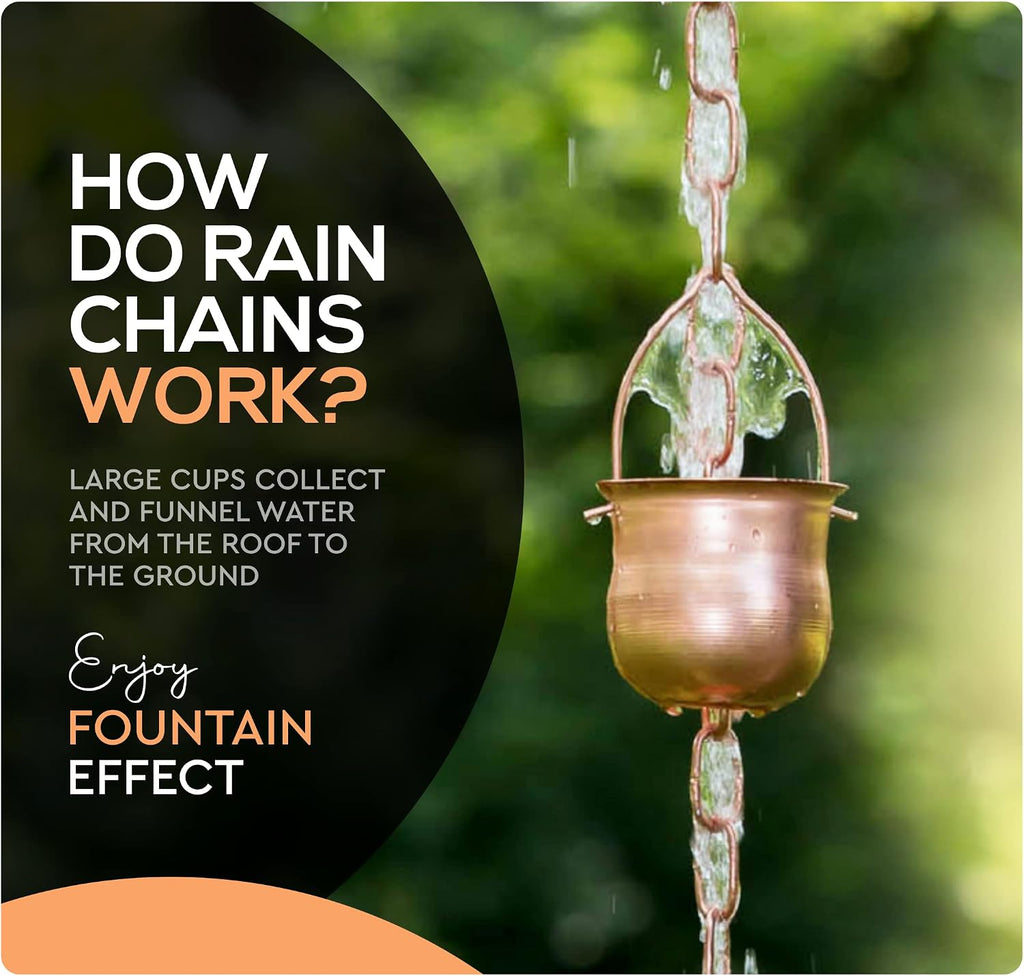 Copper Rain Chain – Decorative Chimes & Cups Replace Gutter Downspout & Divert Water Away from Home for Stunning