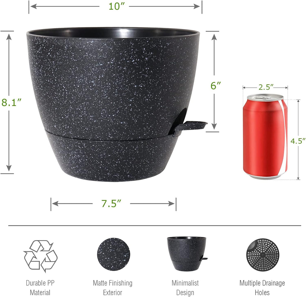 WOUSIWER 10 inch Self Watering Planters, 2 Pack Large Plastic Plant Pots with Deep Reservior and High Drainage Holes