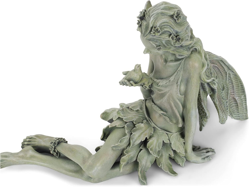Napco Reclining Fairy with Bird 12 x 18.5 Inch Green Resin Cast Garden Statue