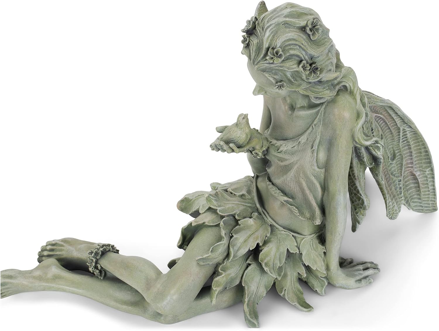 Napco Reclining Fairy with Bird 12 x 18.5 Inch Green Resin Cast Garden Statue