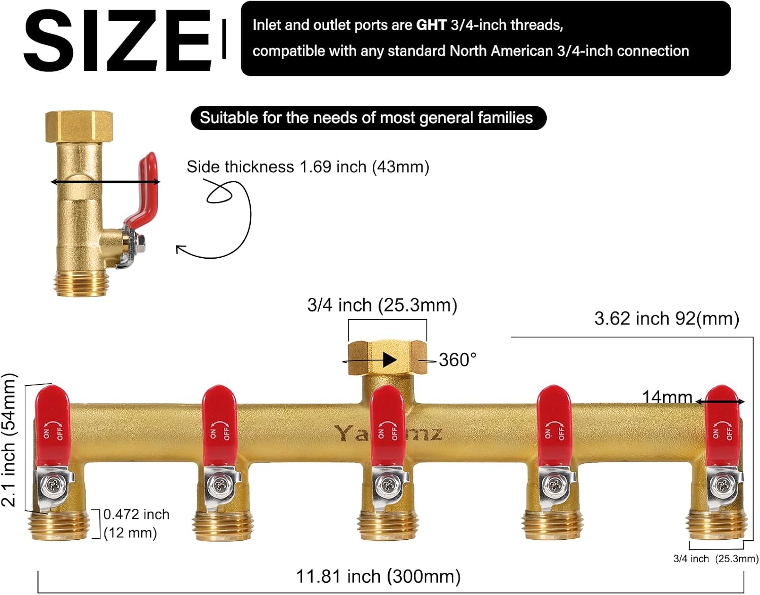 5 Way Garden Hose Splitter, 3/4" GHT Outdoor Water Spigot Splitter | Heavy Duty Solid Brass Body with Shut-off Valves &
