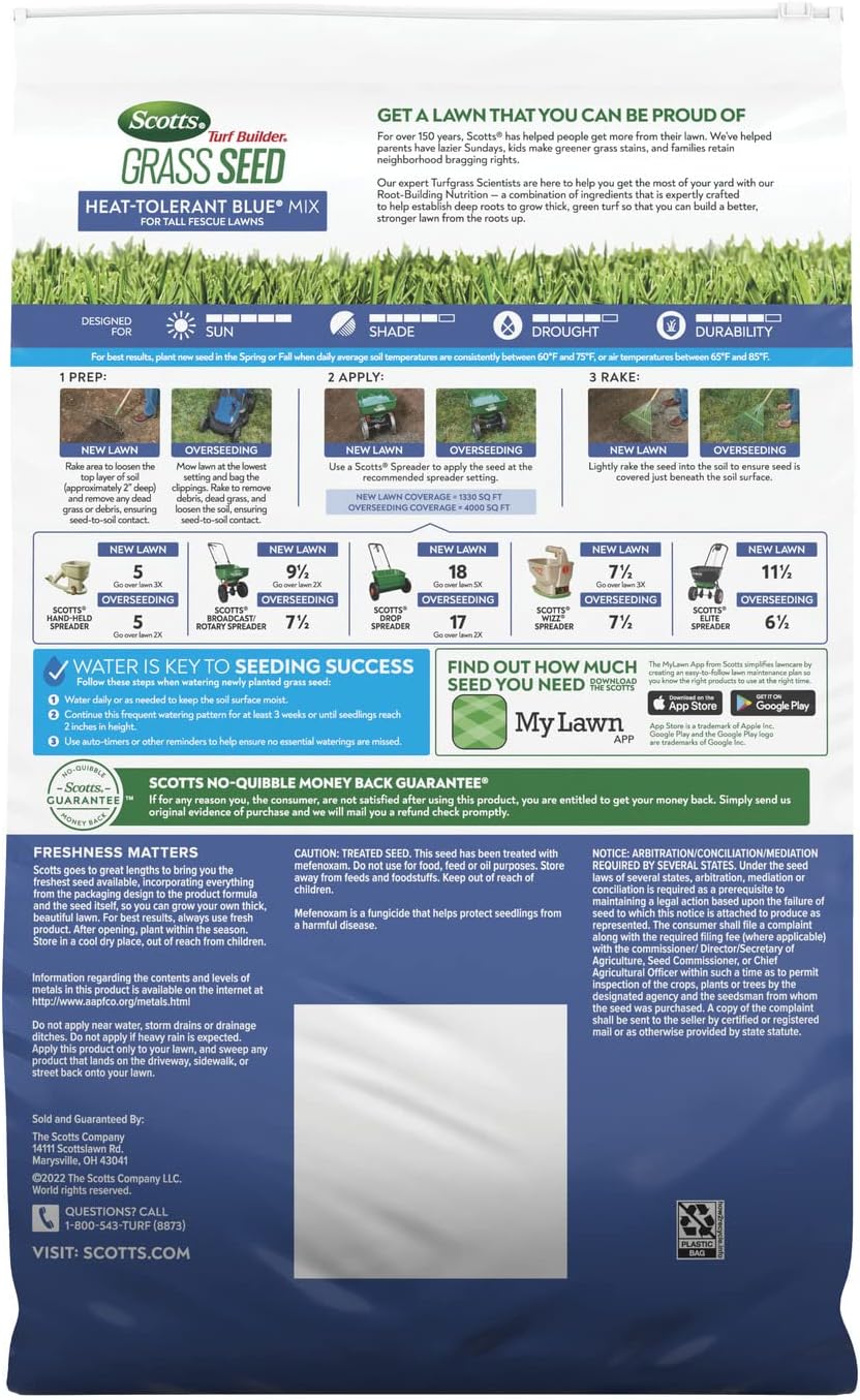 Scotts Turf Builder Grass Seed Heat-Tolerant Blue Mix, 16 lbs. | For Tall Fescue Lawns, Grass Seed Plus Lawn Fertilizer