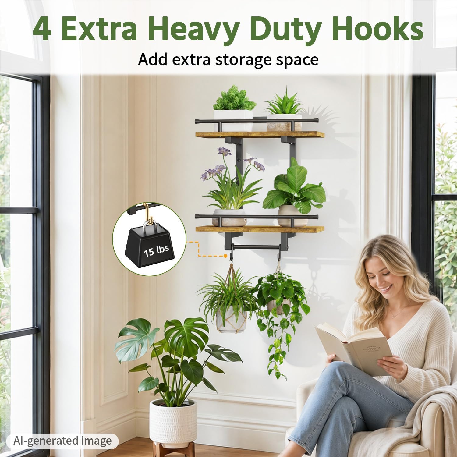 LASZOLA Floating Plant Shelves Holder Wall Mounted Indoor, 2 Pack Brown | 2 Tier Window Hangers Stand with Hooks, Metal