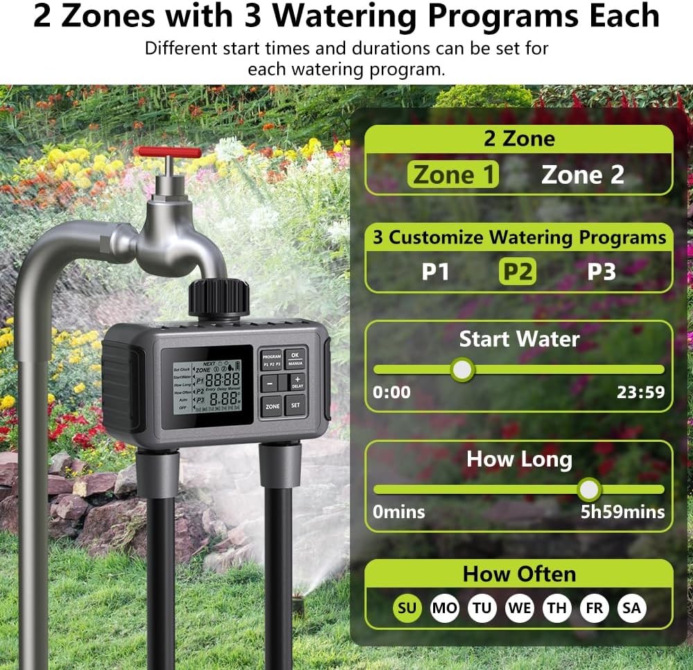 Uzoli 2-Zone Sprinkler Timer for Garden Hose, Programmable Water Timer | Automatic & Manual Mode, Rain Delay, IP55