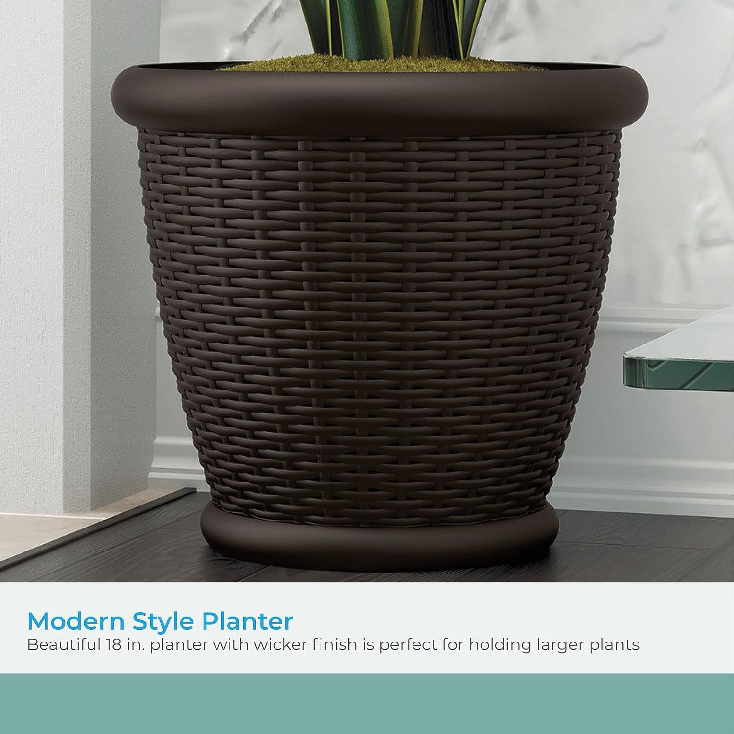 Suncast Wicker Planter w/ Drillable Drain Holes, Decorative Indoor/Outdoor Pot, 18in, Java