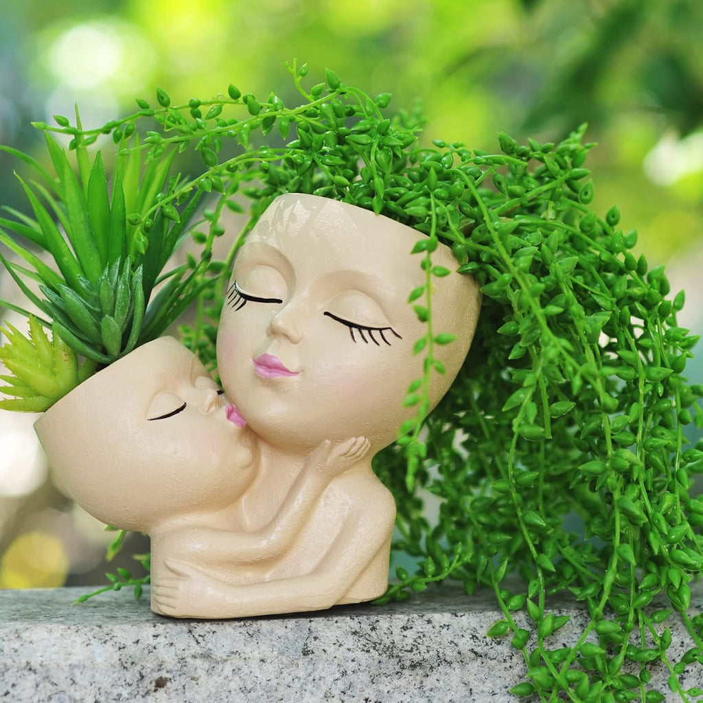 Head Planter Mother and Child Cute Face Planter Pots Head Resin Flower Pots for Indoor Plants with Drainage