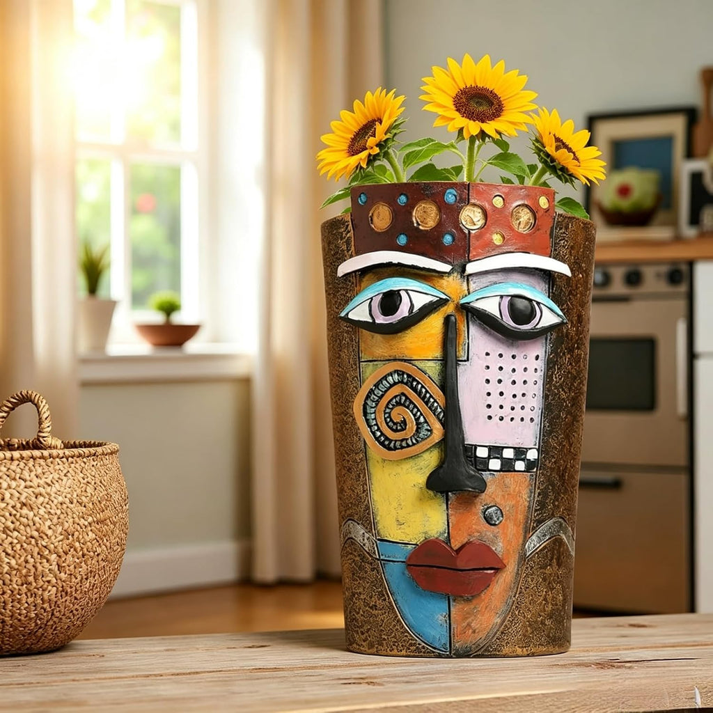 Picasso Abstract Face Planters Pots Head, Handmade Resin Planters with Drainage Holes, Decorative Succulents Brown Face