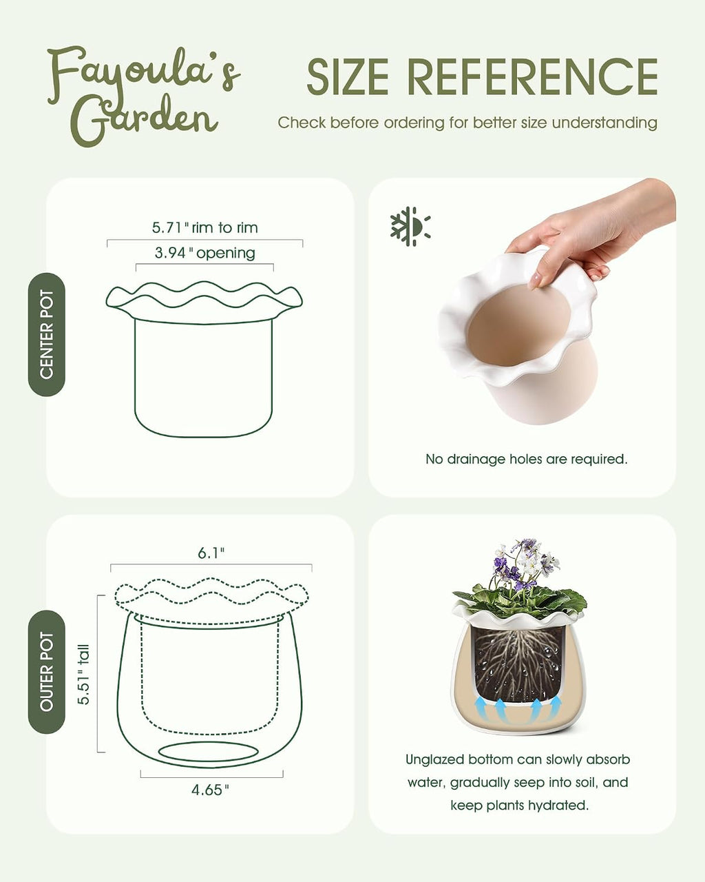 Fayoula Self Watering Plant Pot, 6 Inch African Violet Pots Maintenance, Ceramic Self-Watering Planter for Indoor
