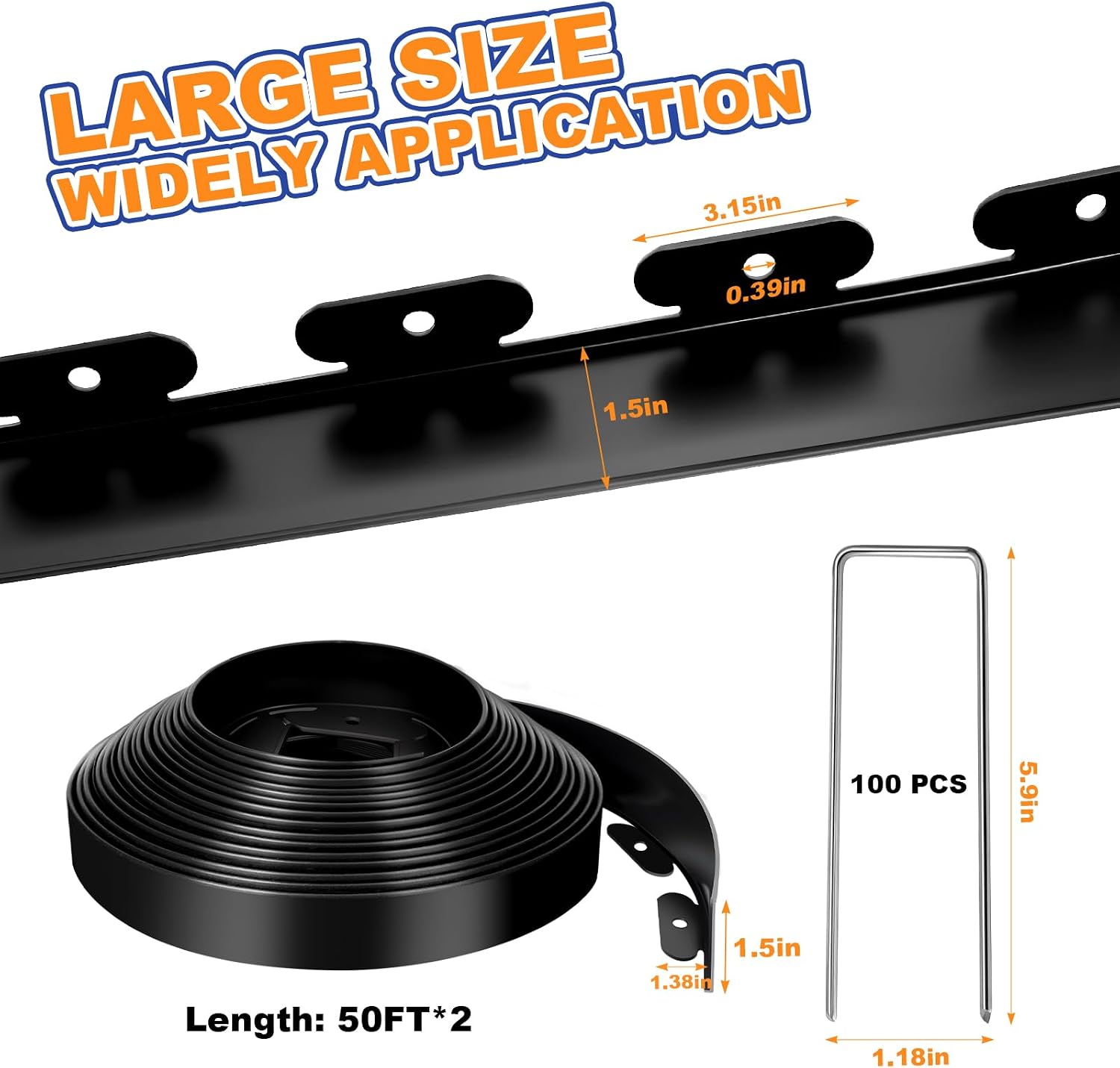 1.5 Inch x 100 FT Landscape Edging, Garden Edging Borders with 100pcs Upgrade Stakes, Flexible No Dig Plastic Garden