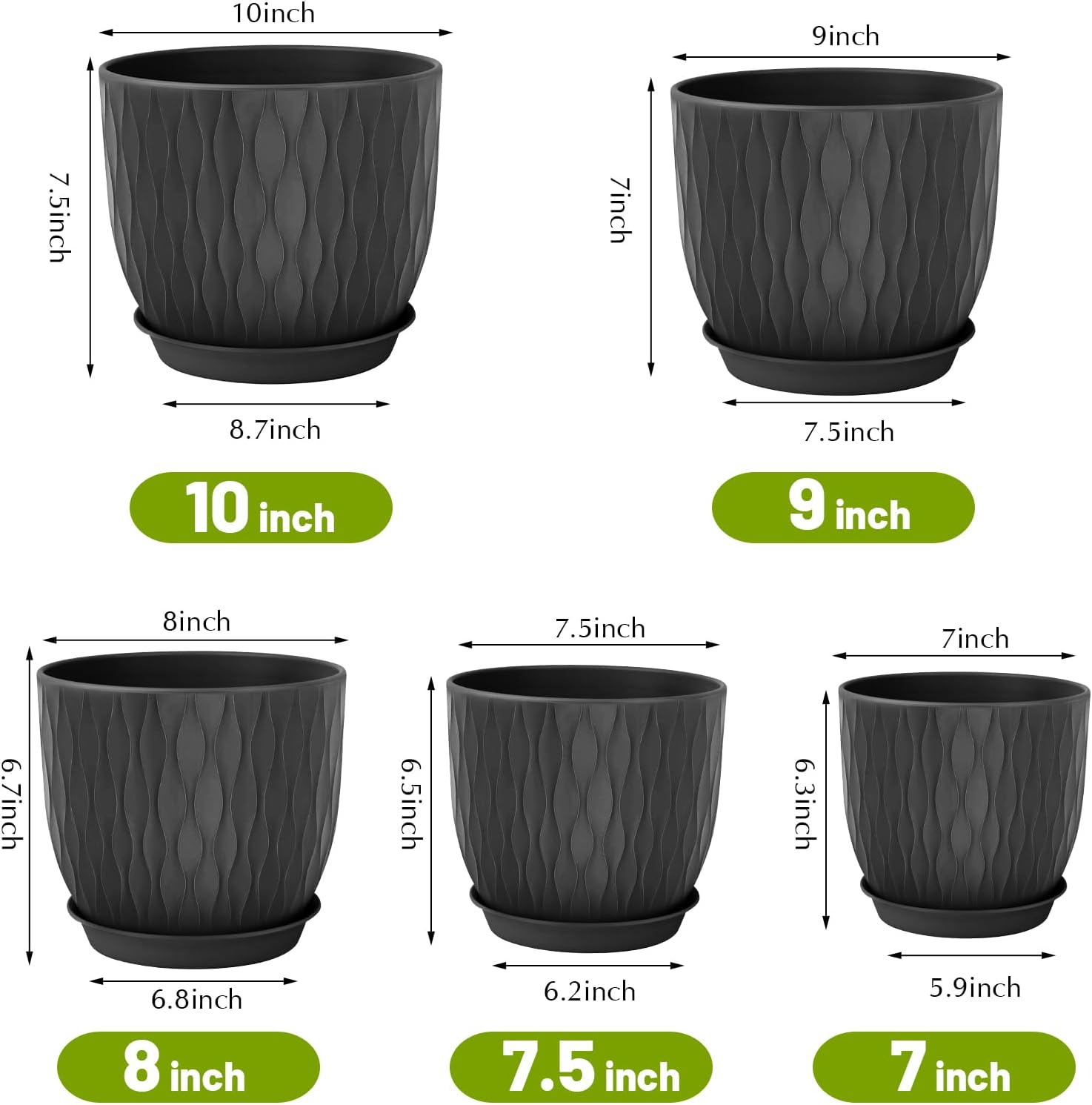 Plastic Plant Pots 10/9/8/7.5/7 inch Set of 5, Flower Planters with Drainage Holes and Saucers, Plastic Pots for Indoor