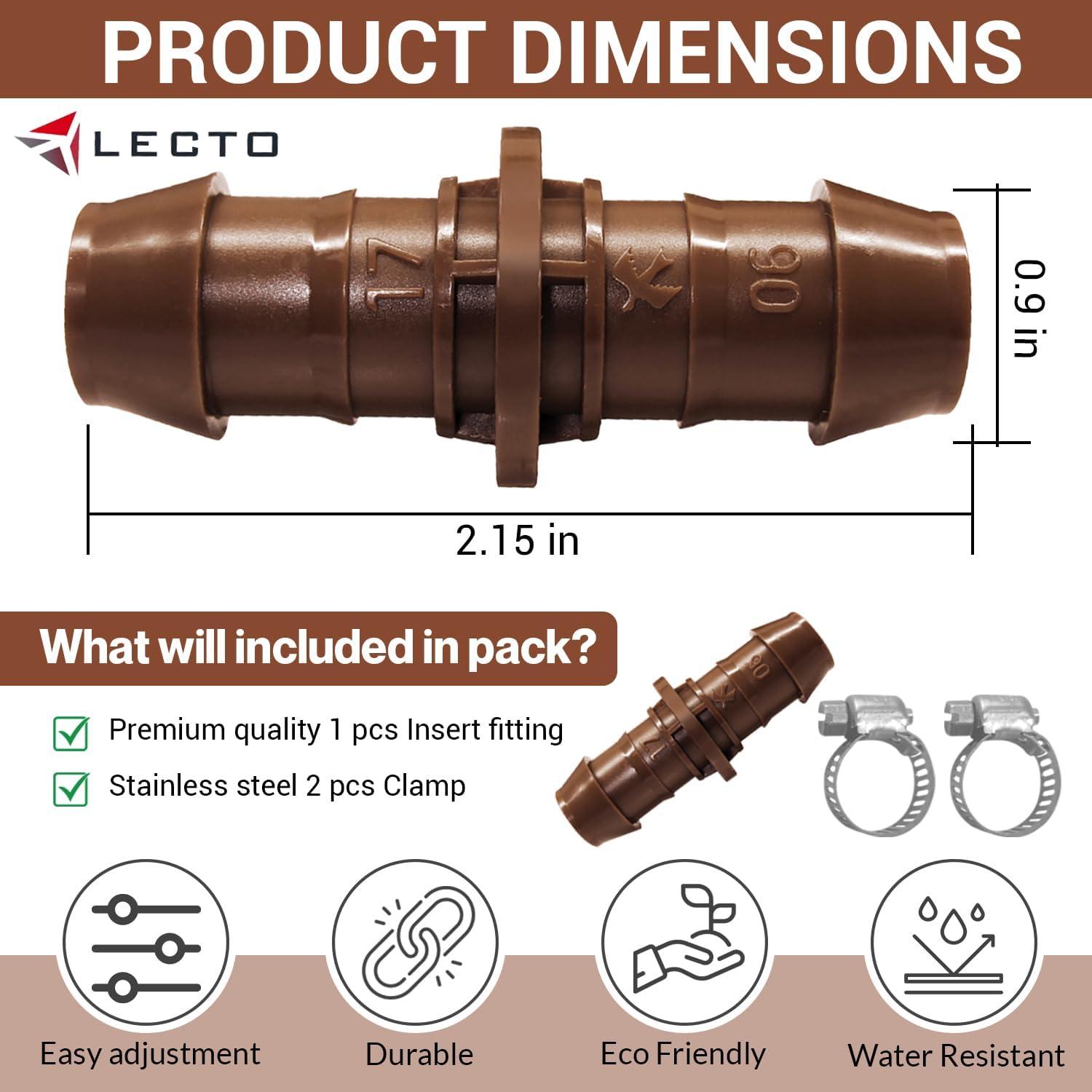 LECTO Universal 5/8", 1/2", .700" Drip Line Repair & Extension Kit – 3 Pack Plastic Couplers with 6 Stainless Steel