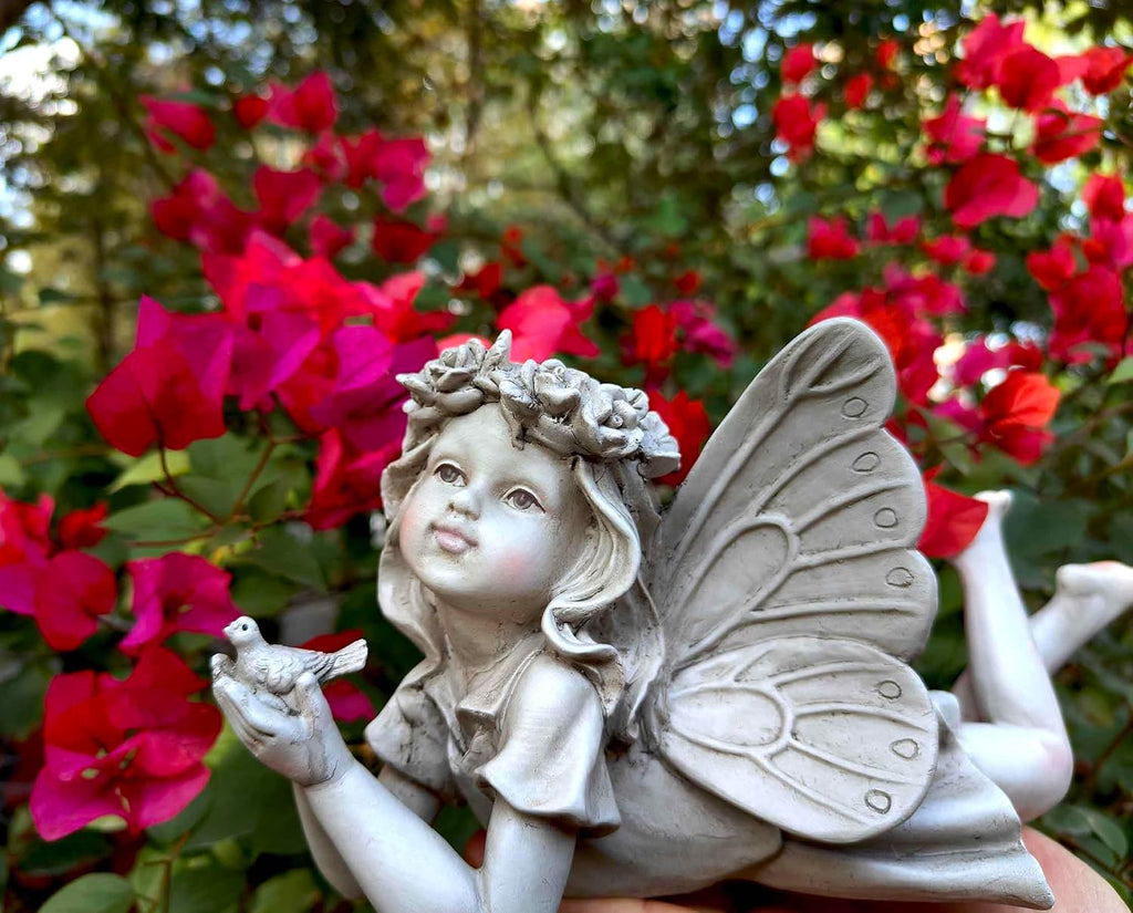MeritMode Fairy Flower Garden Outdoor Statue - Angel Holding Bird | Hand-Painted Resin, Outdoor Angel Figurine , Flower