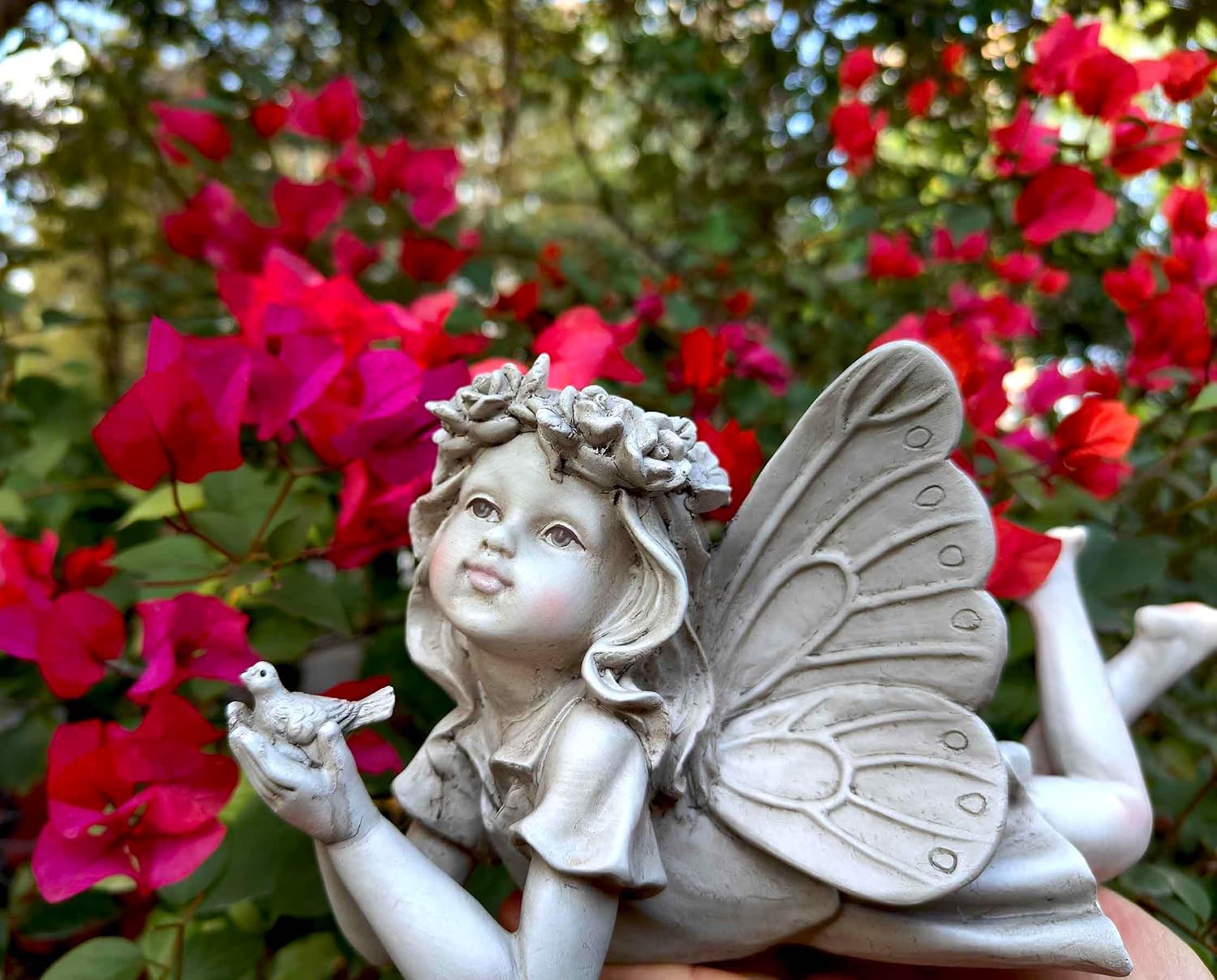 MeritMode Fairy Flower Garden Outdoor Statue - Angel Holding Bird | Hand-Painted Resin, Outdoor Angel Figurine , Flower