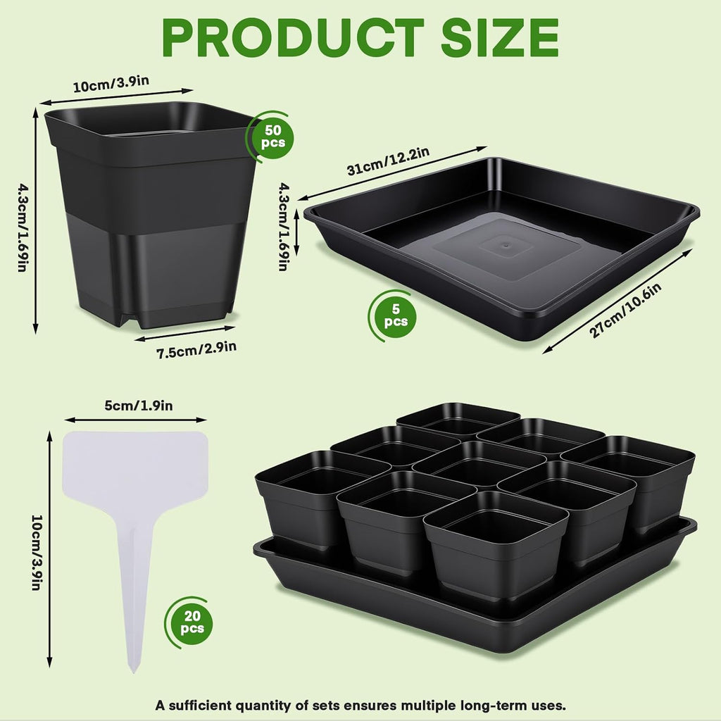 GREANER 50 Pcs Nursery Pots 4 Inch, 5 Packs 12 Inch Reusable Seed Starter Tray, Plastic Sturdy Planting Pots with 20PCS