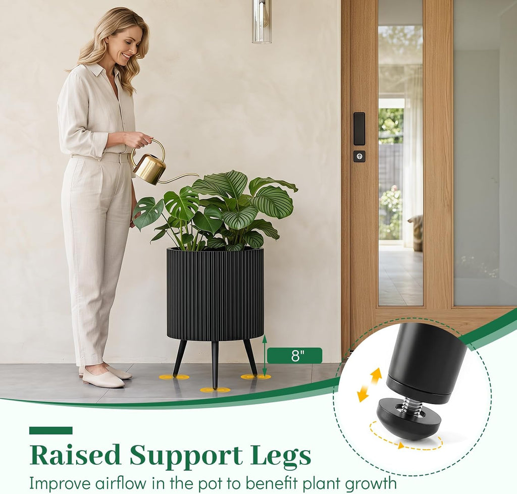 GIANTEX 16 Inch Plant Pot with Stand, Mid-Century Modern Fluted Planter | Built-in Drainage Holes, Tapered Legs, Metal