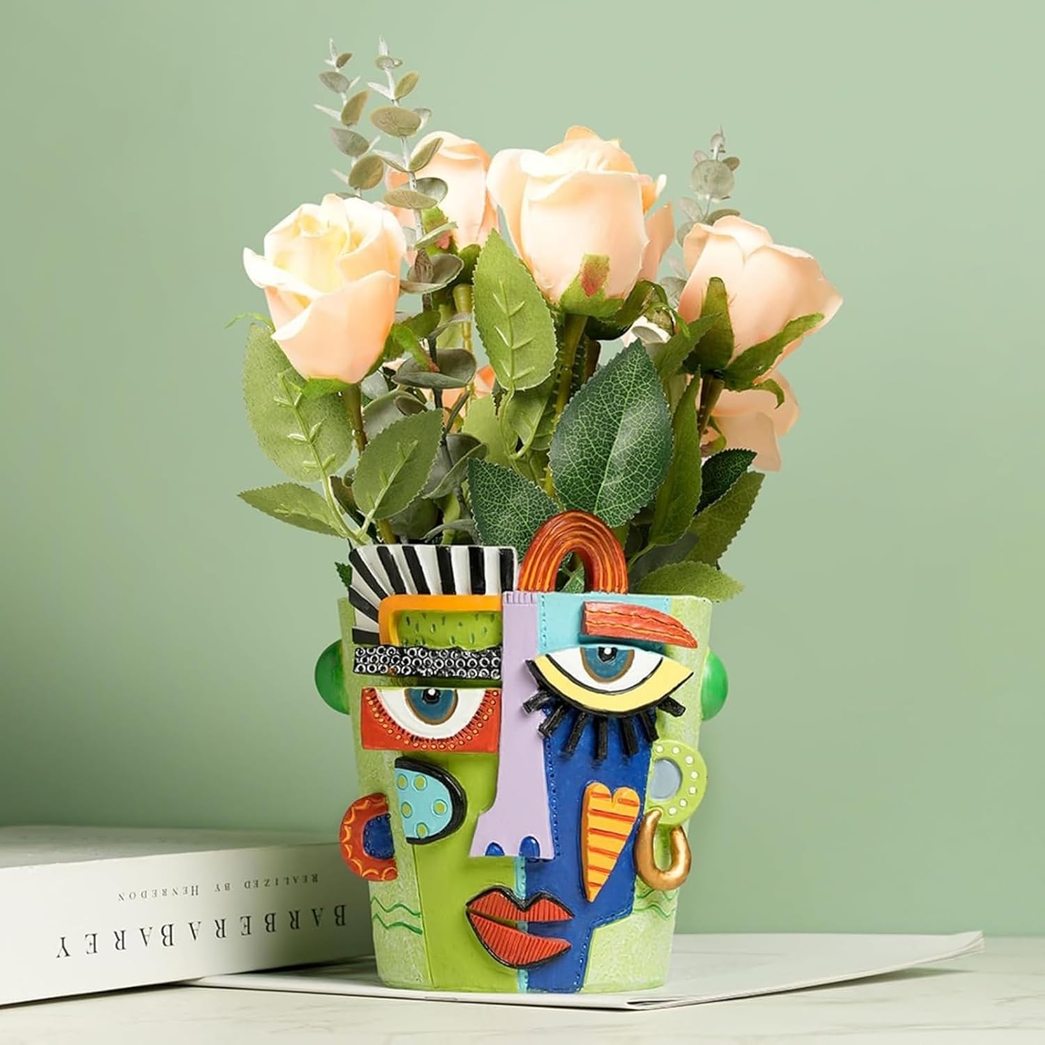 Mint Green Abstract Face Planter Pot/Picasso Flower Pot, Unique Head Planters for Indoor Plants, Abstract Face Decor