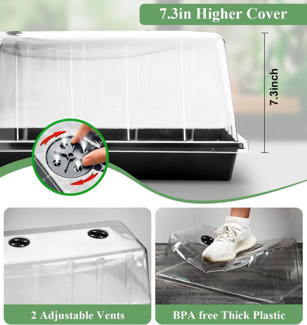 2-Pack 1020 Seed Starter Trays with Heat Mat and Clip-On Grow Light | 7.3" High Dome, Adjustable Gooseneck Light, for