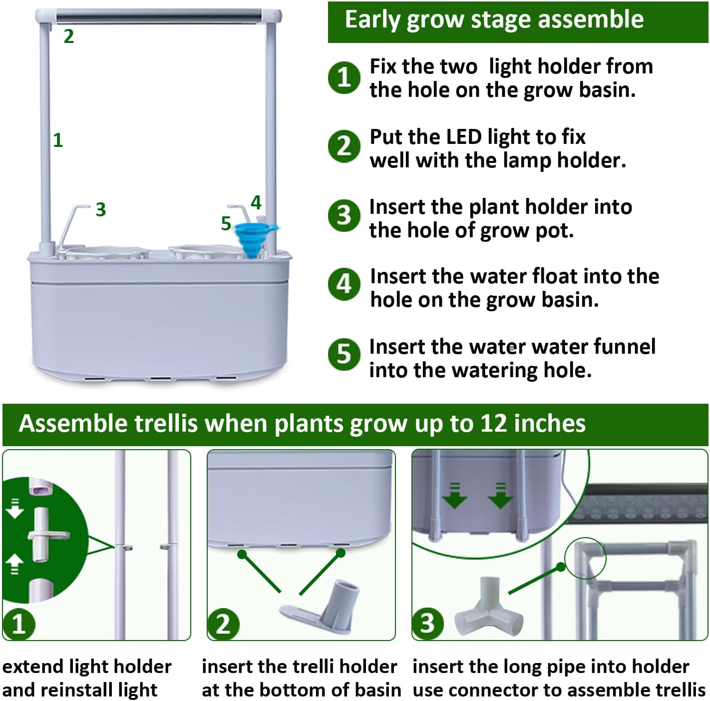 Tall Hydroponics Growing System kit with Height Adjustable Light & Trellis | Hydroponic Indoor Gardening System Tower