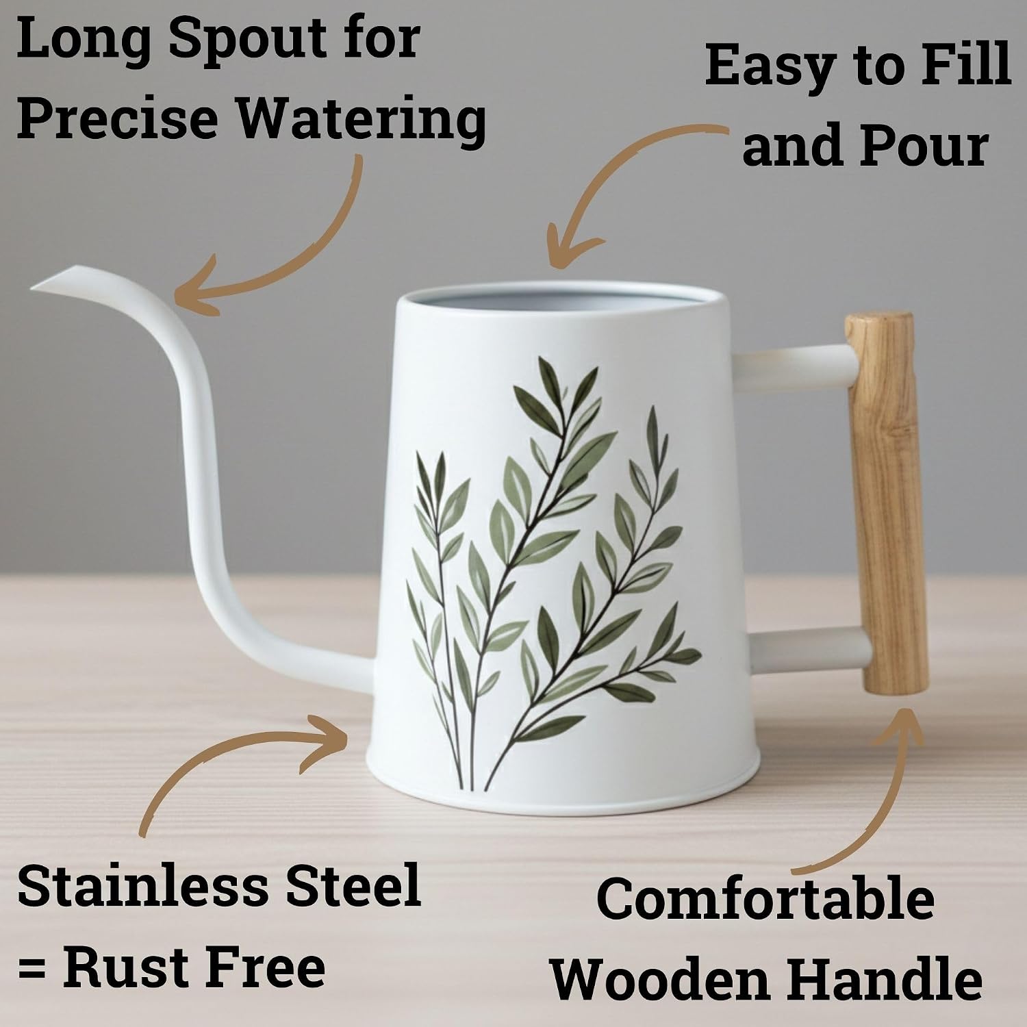 Metal Small Indoor Watering Can with Long Spout & Real Wood Handle, 35oz | Long Spout, Stainless Steel, Real Wood