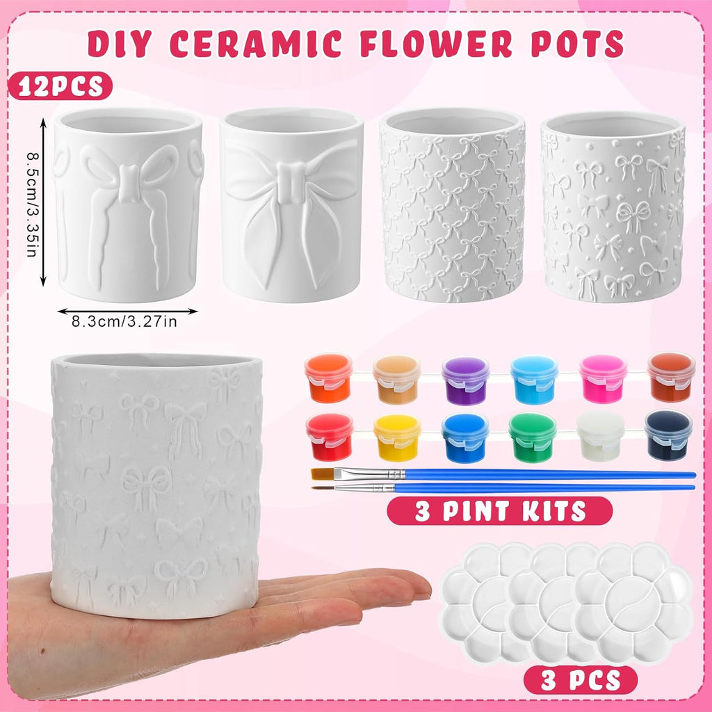 Zubebe 12 Pcs Paint Your Own Flower Ceramic Pots with Drainage Hole, 4 Style Pink Bow Unfinished Succulent Pots