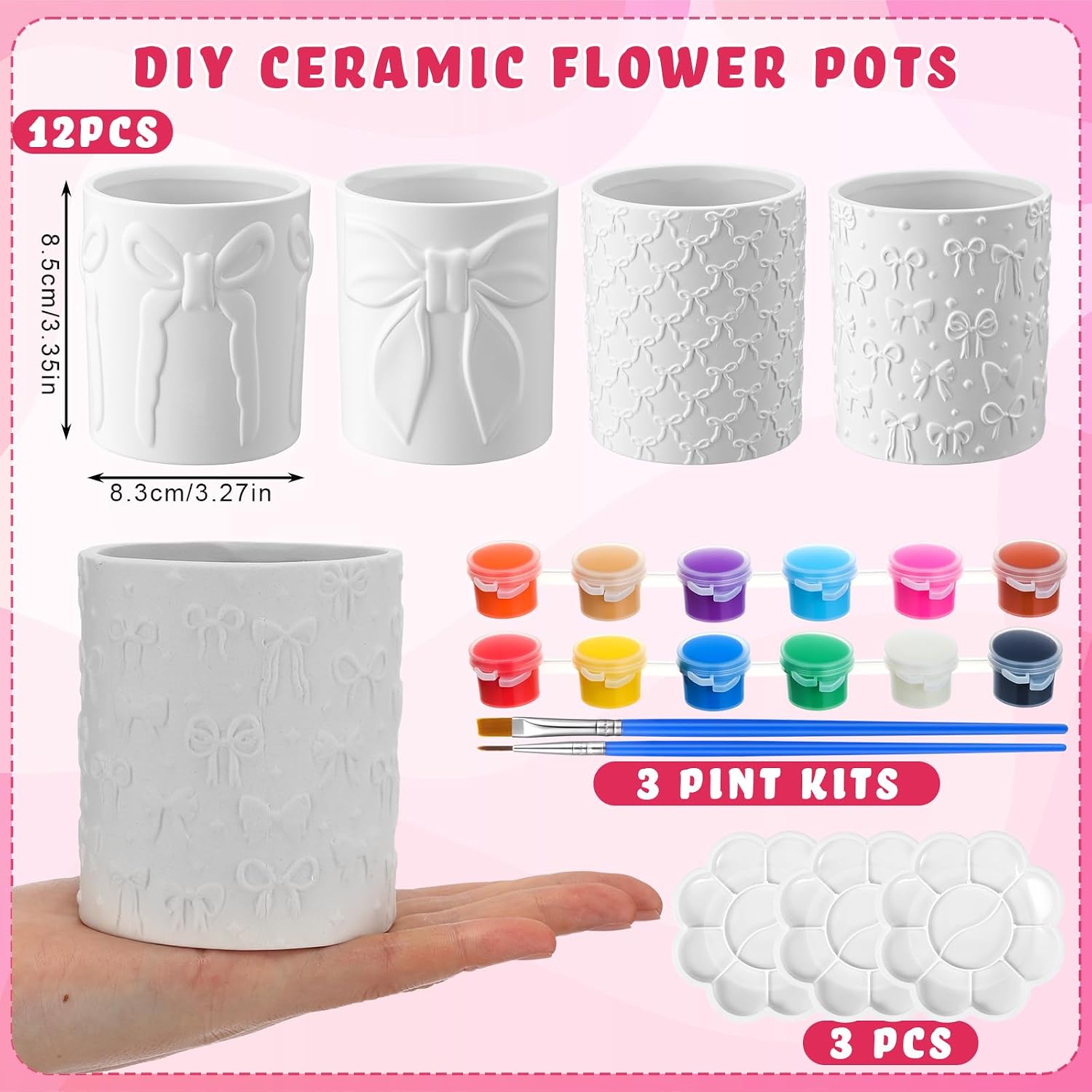 Zubebe 12 Pcs Paint Your Own Flower Ceramic Pots with Drainage Hole, 4 Style Pink Bow Unfinished Succulent Pots